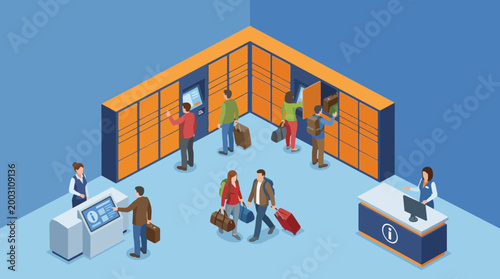 This vibrant image captures a busy luggage storage area filled with travelers managing their bags and seeking assistance, perfect for conveying airport services and efficiency.
