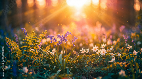 Cuadro en lienzo Enchanting forest scene with vibrant bluebell flowers and small white blooms illuminated by spectacular golden sun rays