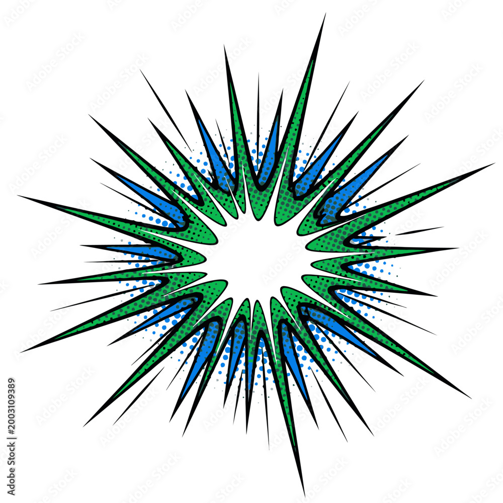 Fototapeta premium Pop Art Explosion Burst, Vibrant Green and Electric Blue Spikes for High-Energy Promotions