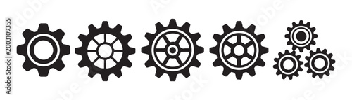 Collection of black gear icons with varying internal patterns and sizes symbolizing mechanics technology and industrial processes.