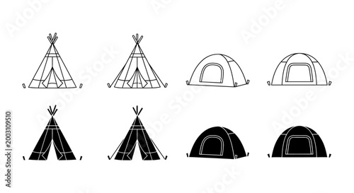 set of tent icons teepee and dome camping tents outline and silhouette