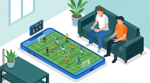 An innovative depiction of a home gaming scene where players engage in a football video game, illustrating the fusion of technology and leisure in modern entertainment.