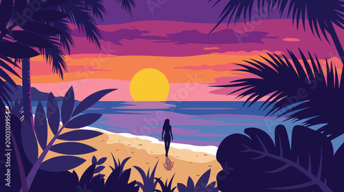 An idyllic beach sunset casting warm hues across the sky and shining on tranquil waves, silhouetted by lush palm trees, creating a peaceful tropical atmosphere.