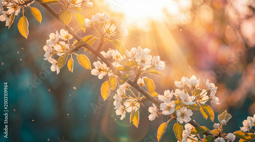 Fotografie Beautiful white cherry blossoms on a branch, illuminated by radiant golden sunset light with sunburst