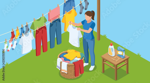 This colorful illustration shows a woman hanging freshly washed clothes on a clothesline under a clear blue sky, showcasing everyday domestic life and simplicity.
