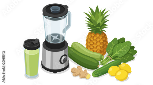 A vibrant arrangement of smoothie ingredients including a blender, fresh fruits, and greens, showcasing a healthy lifestyle and the joy of preparing nutritious drinks at home.