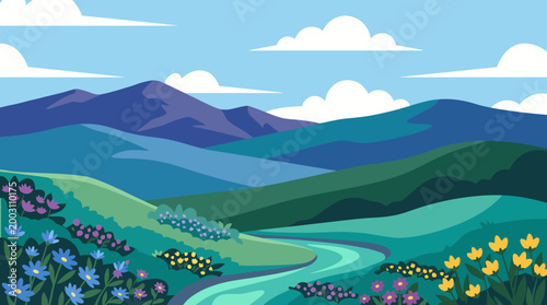 This picturesque valley scene highlights a flowing river surrounded by vibrant wildflowers and rolling hills, showcasing the beauty of nature in a peaceful setting.