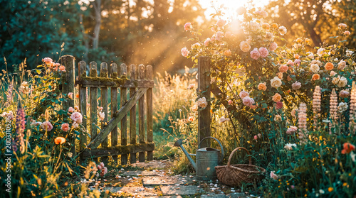 Foto Idyllic cottage garden gate framed by blooming pink roses and lush greenery unde