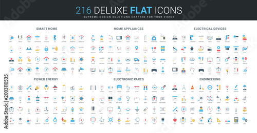 Flat style icon set covers smart home automation, modern appliances, electrical devices, power energy, electronic parts, and engineering concepts isolated vector illustration