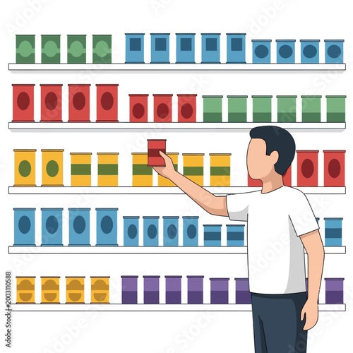 Man Reaching For Can On Supermarket Shelf, Grocery Shopping, Food Products