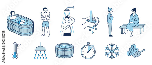 Cold Therapy Icons and People Taking Ice Baths and Cold Showers Set for Health and Recovery, Wellness Vector Illustrations for Cryotherapy Concept, Blue Minimalist Outline Design for Fitness Performan
