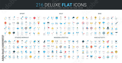 Comprehensive flat icon collection featuring sport, golf, bike, fitness workout, modern lifestyle, and kids activity themes, ideal for visualizing active living concepts isolated vector illustration