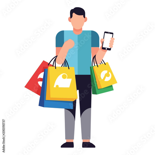 Man with Shopping Bags and Smartphone - Online Shopping Concept