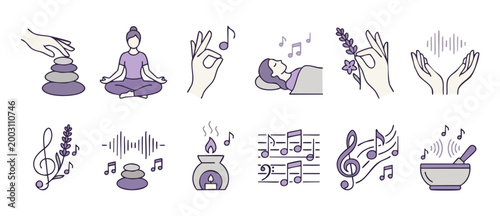 Wellness and Mindfulness Icons Set for Meditation, Music Therapy, and Relaxation Practices, Featuring Zen Stones, Yoga Poses, Aroma Diffusers, and Sound Wave Illustrations in a Clean Minimalist Purple
