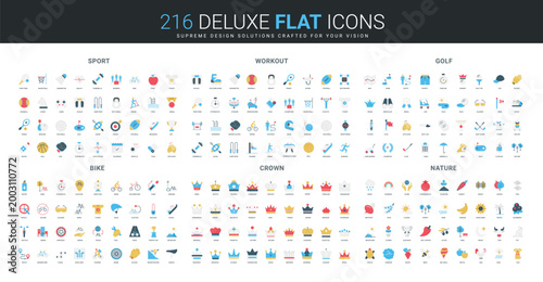 Collection of flat style icons featuring sport, workout, golf, bike, crown, and nature themes with colorful minimalist design elements isolated vector illustration