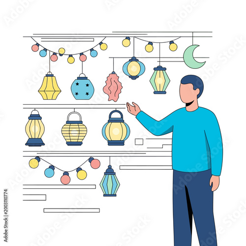 Man showcasing Ramadan lanterns and festive string lights, Islamic celebration decor