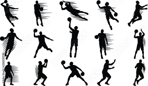 Basketball player silhouette action poses collection, dynamic dribbling, shooting, dunking, sports motion illustration, athletic movement vector design for graphic art