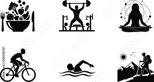 Healthy lifestyle icons collection, fitness, yoga, cycling, swimming, hiking, nutrition, wellness, exercise, outdoor activity, vector illustration for design