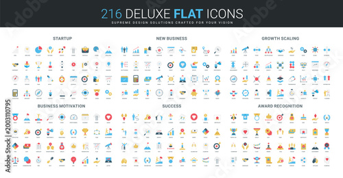 Comprehensive flat icon collection covering startup launch, new business, growth, motivation, success, and recognition concepts in modern style isolated vector illustration