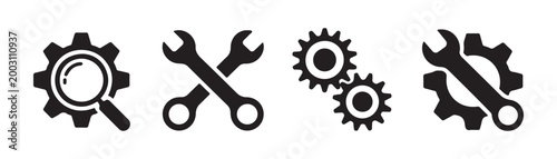 Set of black settings and repair icons, including gear, wrench, and magnifying glass symbols on transparent background.