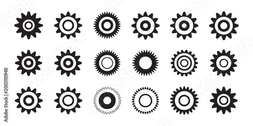 Set of black cogwheel and gear icons, different shapes and silhouettes of gearwheels, isolated on transparent background.