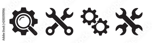 Set of black settings and repair icons, including gear, wrench, and magnifying glass symbols on transparent background.