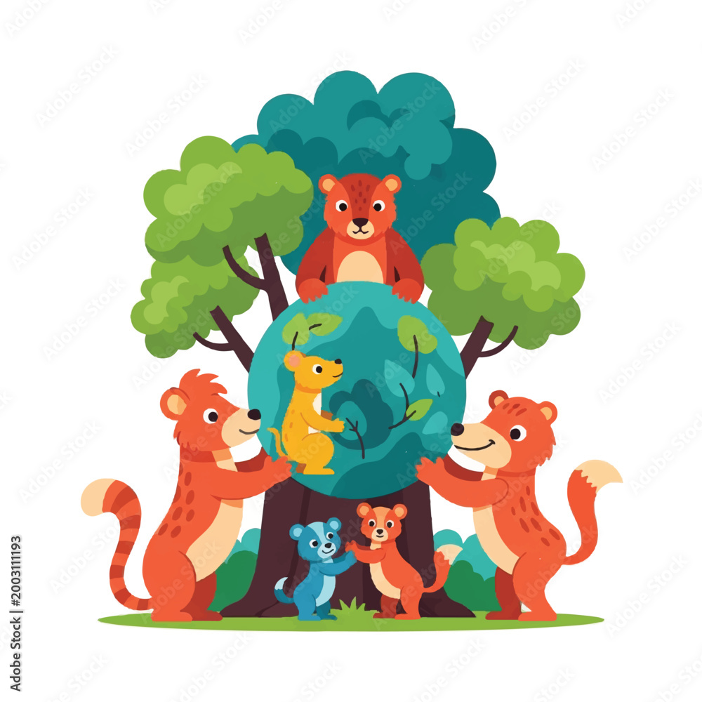 Naklejka premium Playful forest animals gather around the globe in harmony.