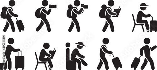 Travel and tourism icons, black silhouettes on white background