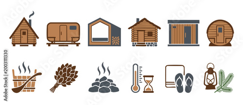 Sauna and Cabin Icon Set Vector Collection for Wellness Spa Relaxation and Wooden Bathhouse Design Elements, Flat Minimalist Style Illustrations for Health and Leisure Activity Concepts Isolated on Wh