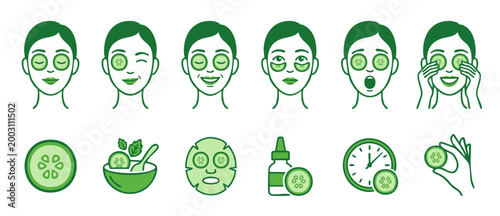 Foto Cucumber Skin Care Icon Set for Beauty Spa and Facial Treatment Procedures