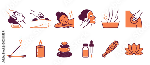 Spa and Wellness Icons Set, Beauty Treatment and Relaxation Symbols for Massage, Skincare, Aromatherapy, Yoga, and Holistic Health Practices, Minimalist Vector Illustration on White Background for Web