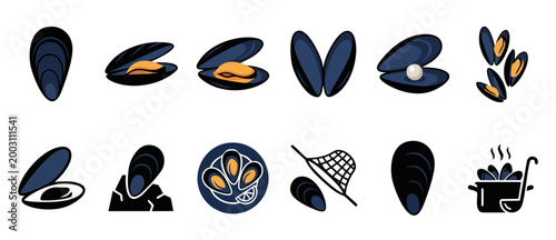 Mussel seafood icon set vector illustration, blue shellfish symbols for menu design, culinary signs of steamed mussels in pot, fresh mediterranean mollusk collection with pearls and fishing nets flat.
