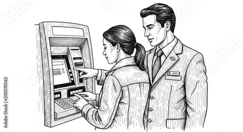 Man and woman using an ATM machine for financial transaction.