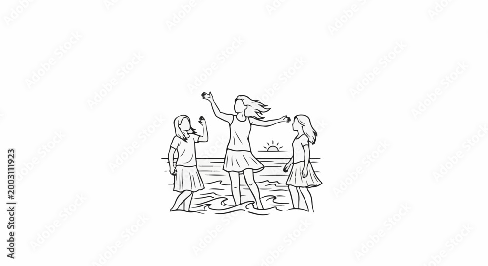 Fototapeta premium Three girls in water with sun setting
