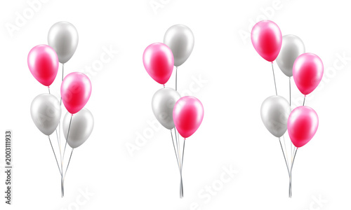 Bunch of balloons with silver ribbons isolated on transparent background. Vector illustration for card, invitation, flyer, poster, banner, congratulation. Festive decor elements.