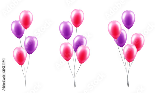 Bunch of balloons with silver ribbons isolated on transparent background. Vector illustration for card, invitation, flyer, poster, banner, congratulation. Festive decor elements.