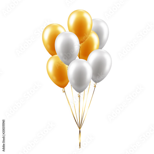 Bunch of balloons with silver ribbons isolated on transparent background. Vector illustration for card, invitation, flyer, poster, banner, congratulation. Festive decor elements.
