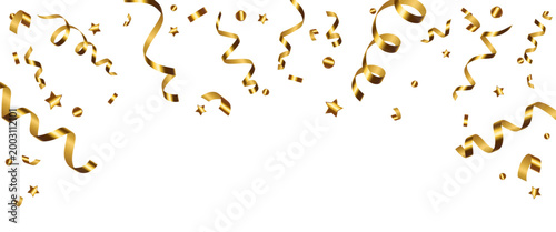 Vector golden flying ribbons and confetti isolated on a transparent background. Festive decor elements. Golden streamers.