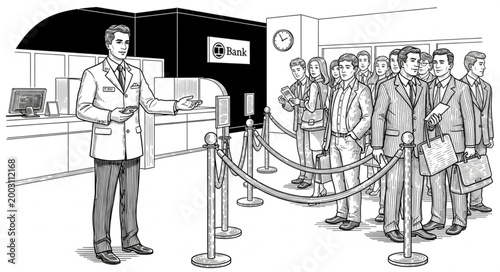 Man directs people in a queue at a ticket counter.