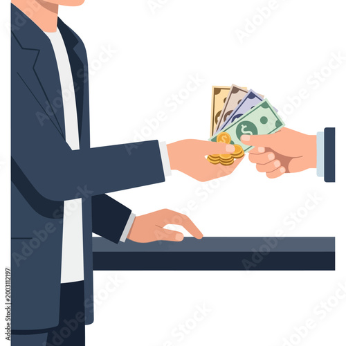 Business transaction: Hand giving cash and coins to another person over a counter