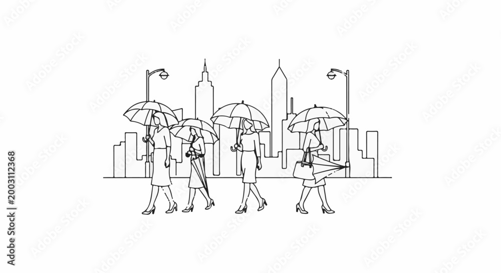 Naklejka premium Women with umbrellas walk down a city street, skyline in background