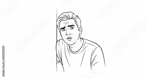 A surprised man peers around a corner with wide eyes and furrowed brow