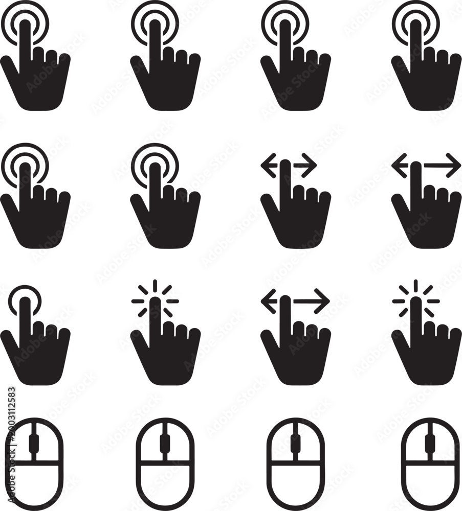 Fototapeta premium Collection of diverse hand touch gestures and computer mouse icons for digital interface