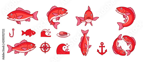 Red Snapper Fish Vector Set, Nautical Icons and Marine Life Illustrations for Seafood Menu Design, Fishing Sport Concept and Ocean Adventure Graphics featuring Anchor, Compass, Wave and Hooks Elements