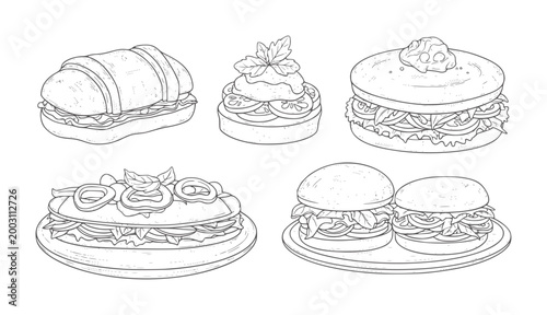 Hand drawn collection of five different sandwiches and burgers croissant food meal