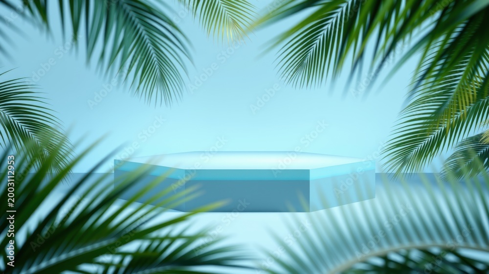 Fototapeta premium Hexagonal platform surrounded by lush tropical leaves. Soft blue lighting creates serene presentation space. Minimalist design.