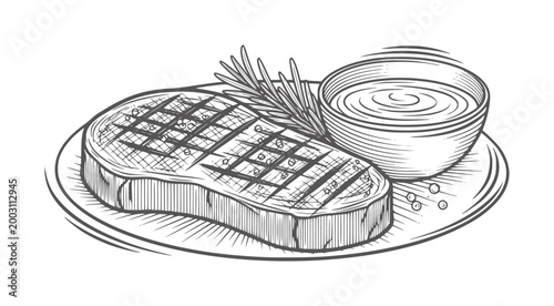 Hand drawn grilled steak with rosemary and sauce a plate meat food