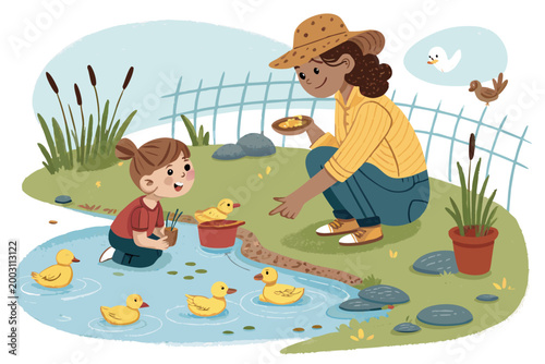 Adorable Duckling Pond With Children Sitting By A Sma