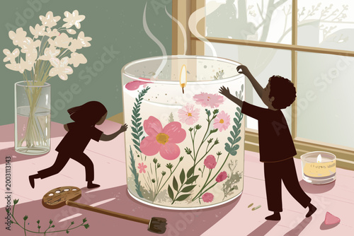 Charming Embedded Flowers Candle With Children Pressi