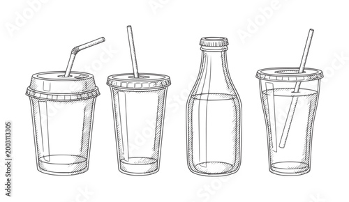 Hand drawn of four drinks with straws and one bottle beverage liquid glass